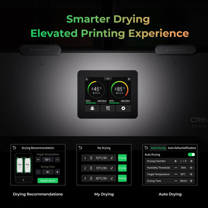 Creality SpacePi X4 dual 200W PTC heating chambers detail showing independent temperature zone control for mixed filament drying