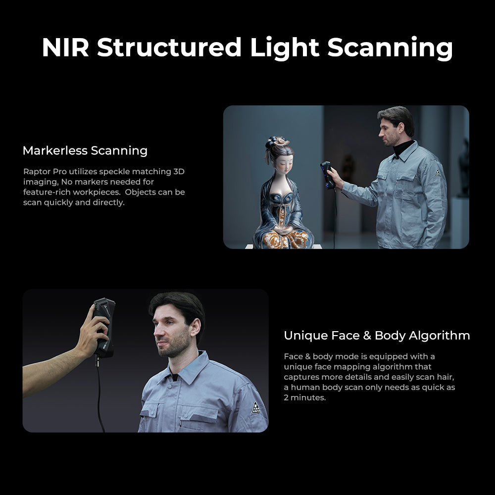 Creality Raptor Pro scanning small precision part showing 0.02mm volumetric accuracy for jewelry dental or mechanical applications