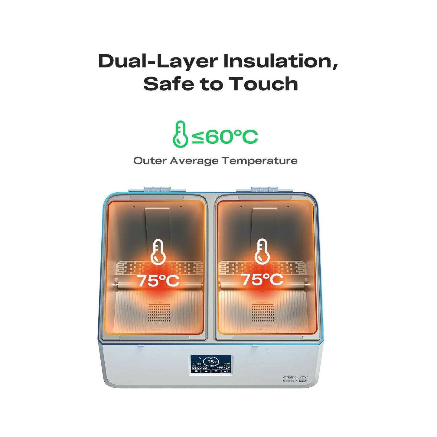 Creality SpacePi X4L specifications infographic – 4 spools dual chambers 75C max LCD touchscreen safety protection