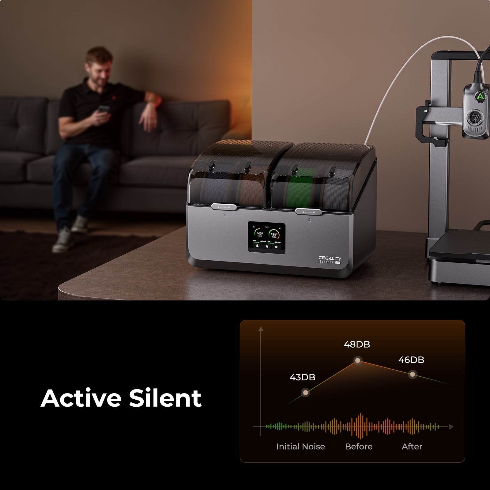 Creality SpacePi X4 active dehumidification and desiccant regeneration system infographic for continuous dry filament storage