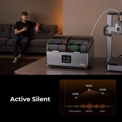 Creality SpacePi X4 active dehumidification and desiccant regeneration system infographic for continuous dry filament storage