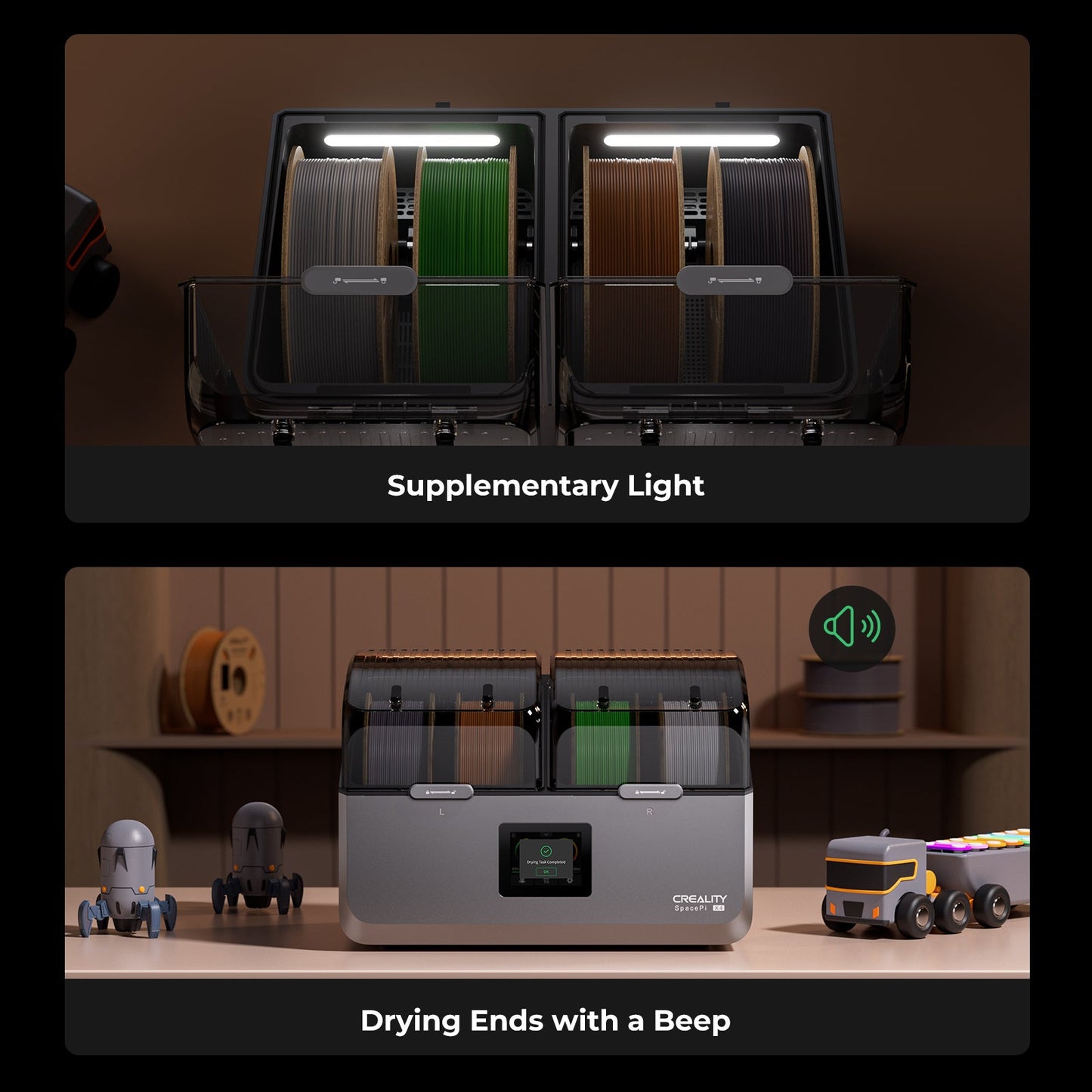 Creality SpacePi X4 EDry UI touchscreen showing real-time temperature humidity and drying cycle settings