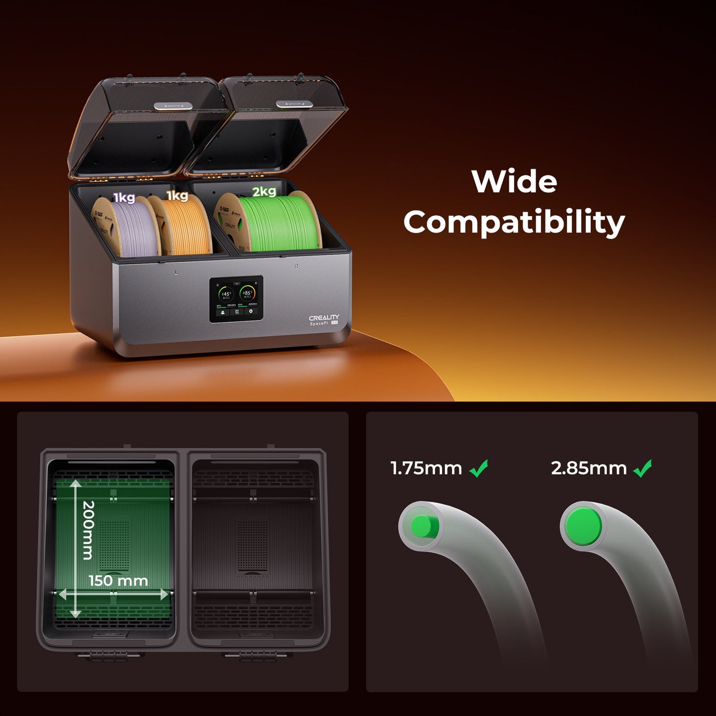 Creality SpacePi X4 loaded with 4 spools of filament showing dry-and-print-at-once capability for multicolor setups