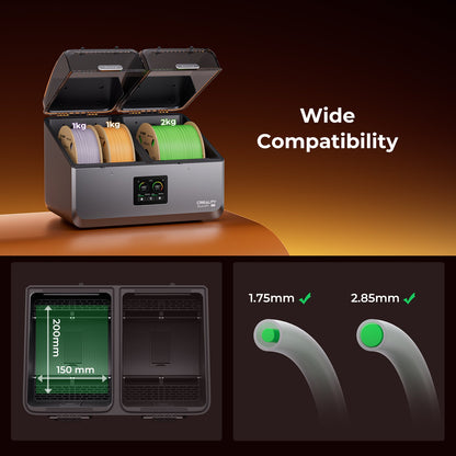Creality SpacePi X4 loaded with 4 spools of filament showing dry-and-print-at-once capability for multicolor setups