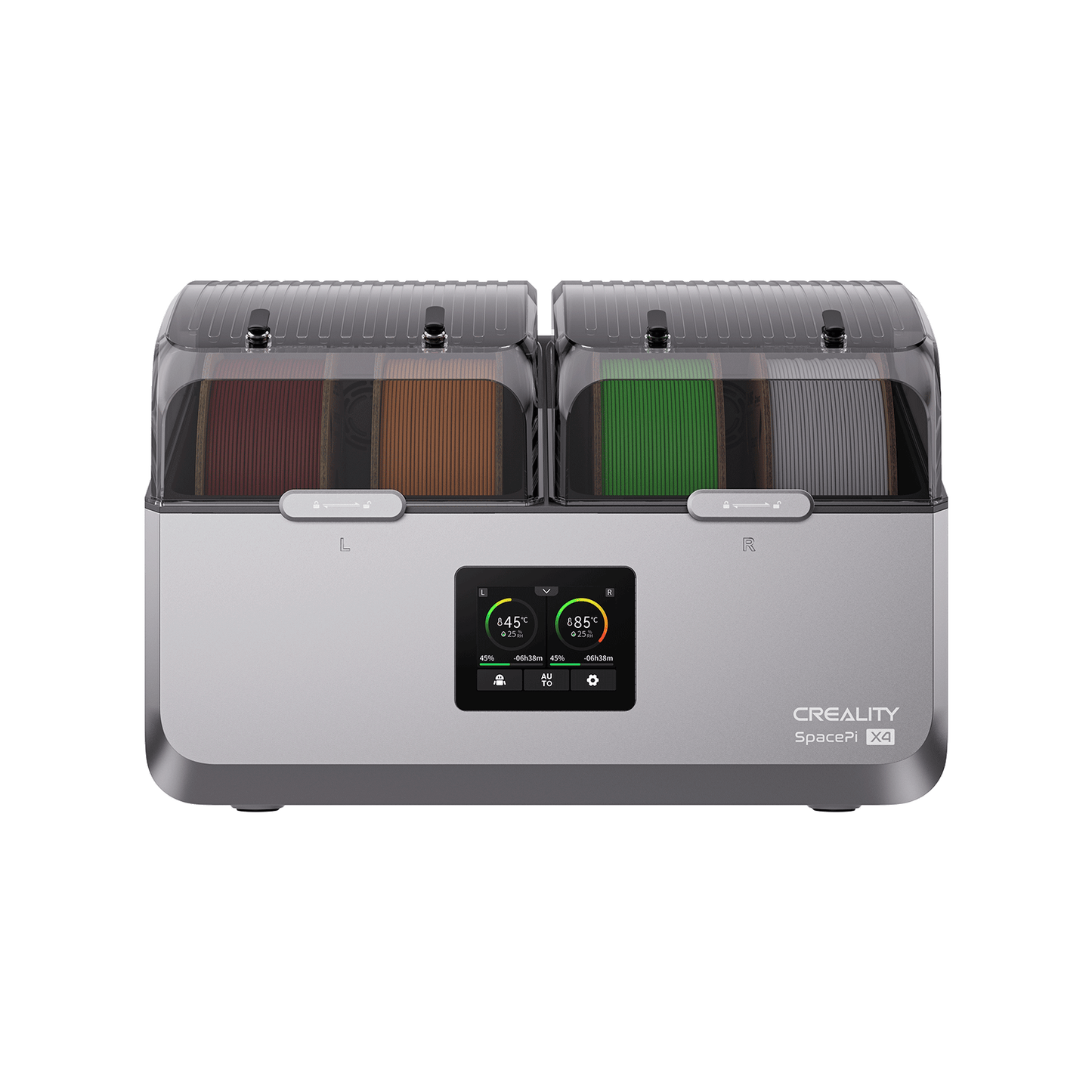 Creality SpacePi X4 in use on desk beside 3D printer showing integrated dry storage and printing workflow