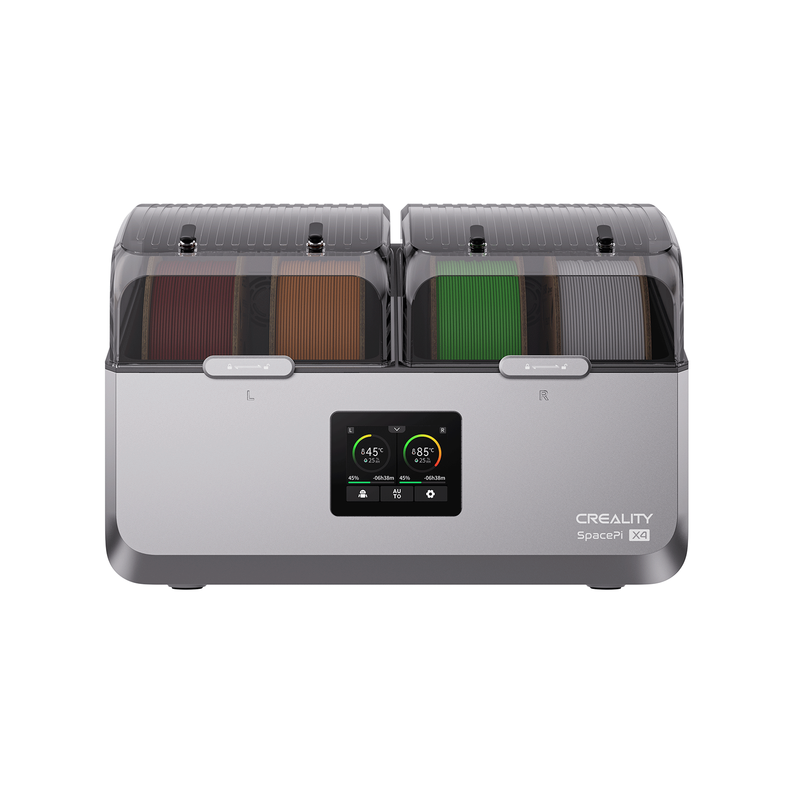 Creality SpacePi X4 in use on desk beside 3D printer showing integrated dry storage and printing workflow