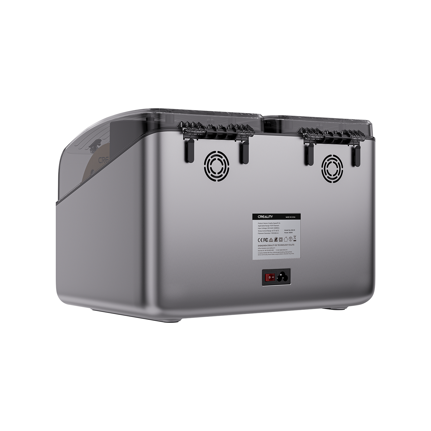 Creality SpacePi X4 specifications infographic – 4 spools 200W plus 200W PTC dual chambers 85C active dehumidification