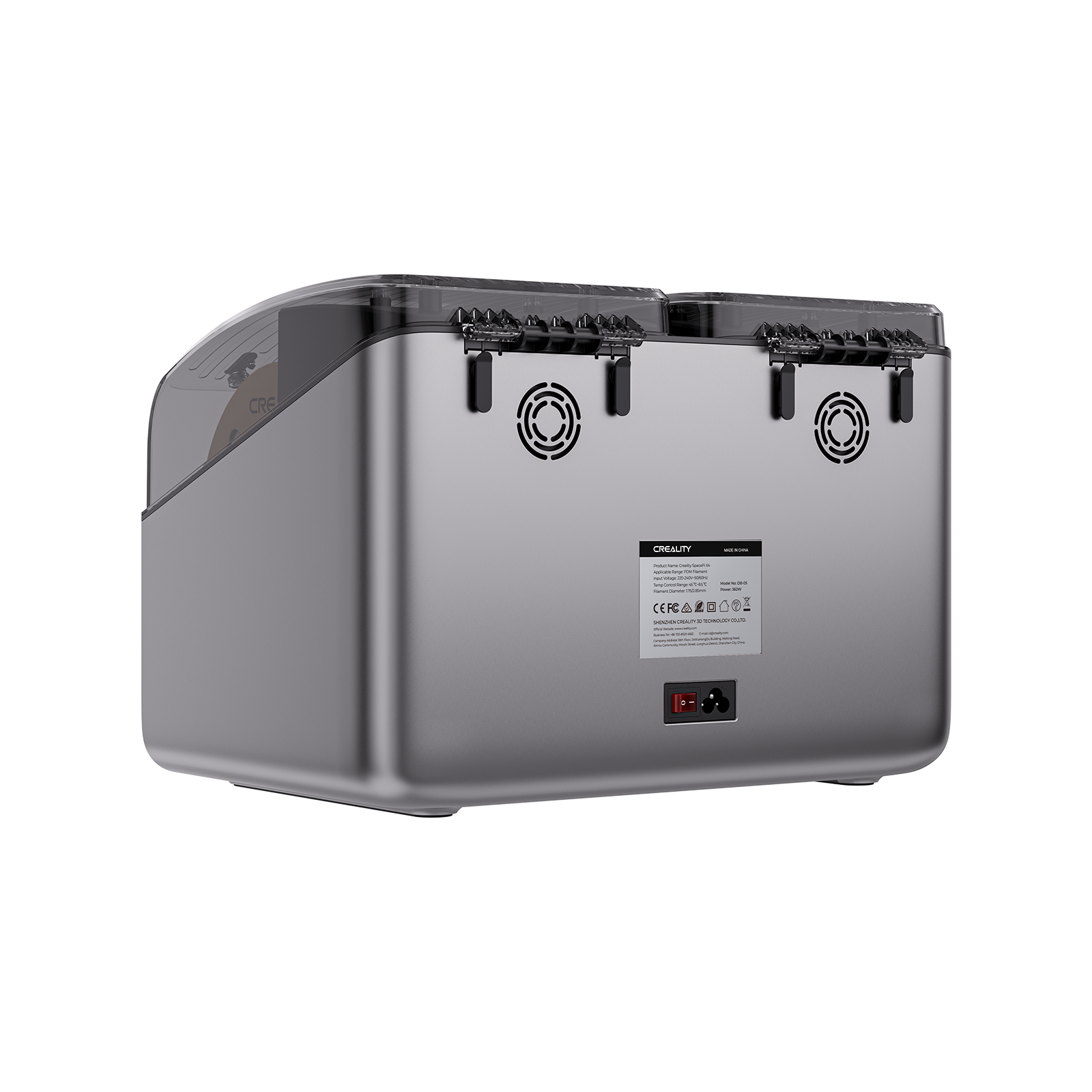 Creality SpacePi X4 specifications infographic – 4 spools 200W plus 200W PTC dual chambers 85C active dehumidification
