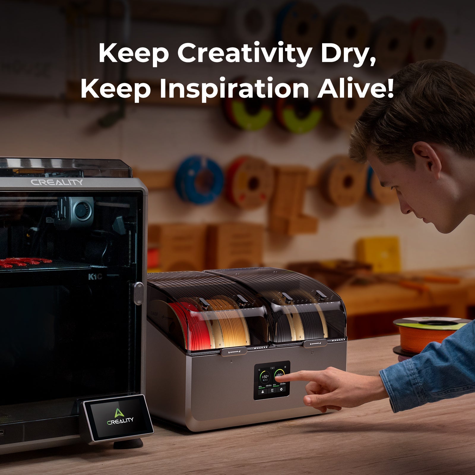 Creality SpacePi X4 connected to 3D printer via PTFE tubes showing live filament drying and feeding workflow
