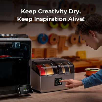 Creality SpacePi X4 connected to 3D printer via PTFE tubes showing live filament drying and feeding workflow