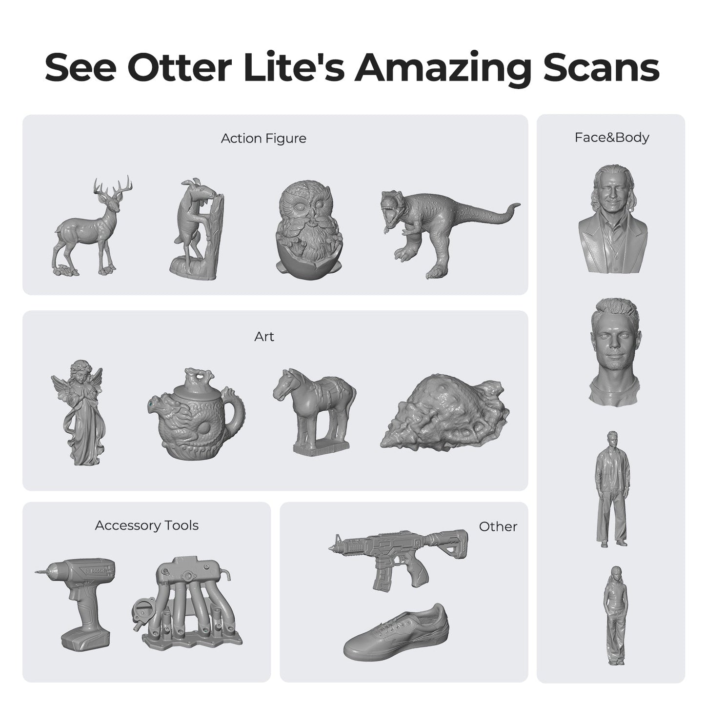 Creality CR-Scan Otter Lite scan range infographic showing 20mm to 2000mm versatile object size capability