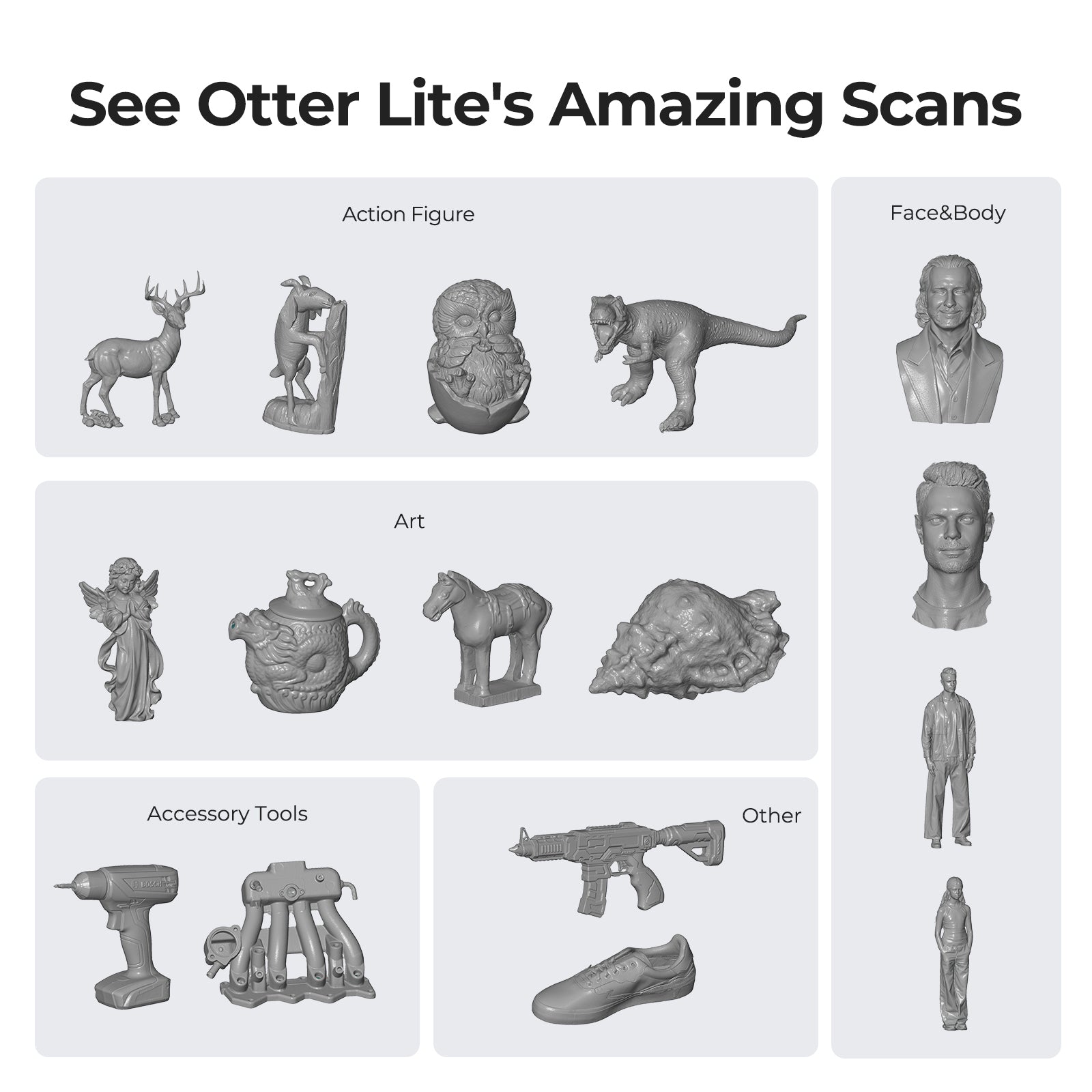 Creality CR-Scan Otter Lite scan range infographic showing 20mm to 2000mm versatile object size capability