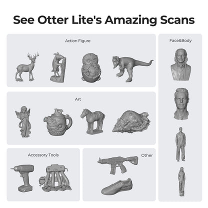 Creality CR-Scan Otter Lite scan range infographic showing 20mm to 2000mm versatile object size capability