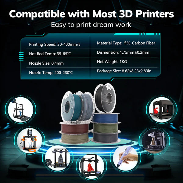 AMOLEN PLA-CF Carbon Fiber filament close detail — 15% carbon fiber reinforced PLA