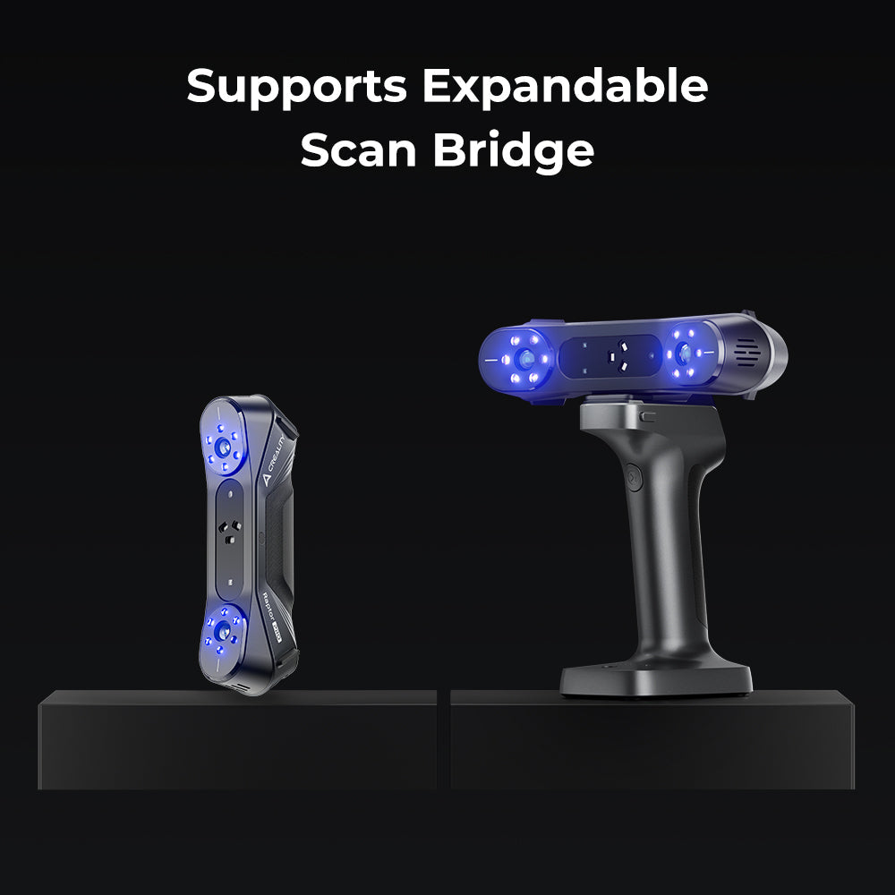 Creality Raptor Pro scan range infographic showing 5mm micro-object to 4000mm large structure scanning capability