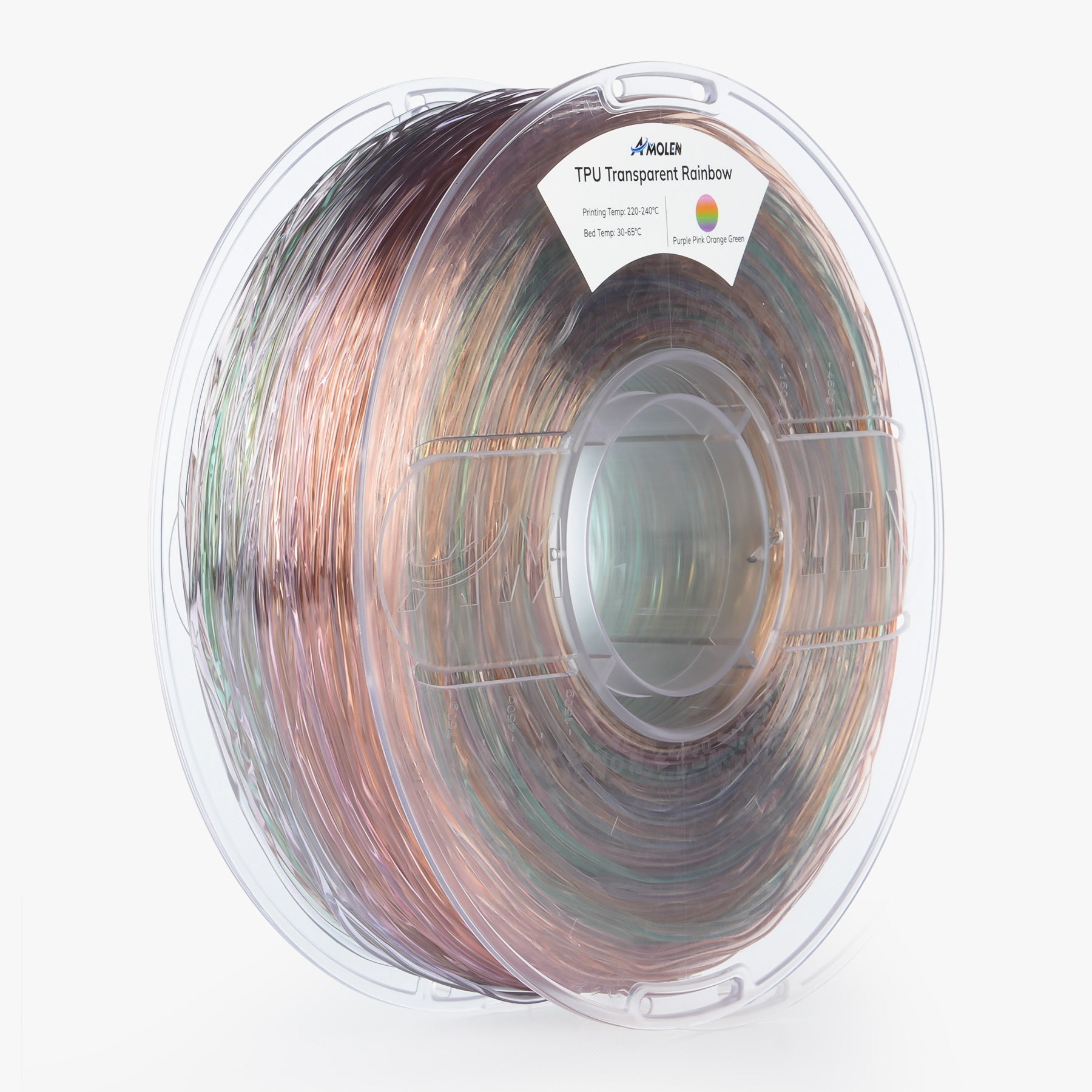 AMOLEN TPU Rainbow filament spool — close-up of gradient rainbow color transition