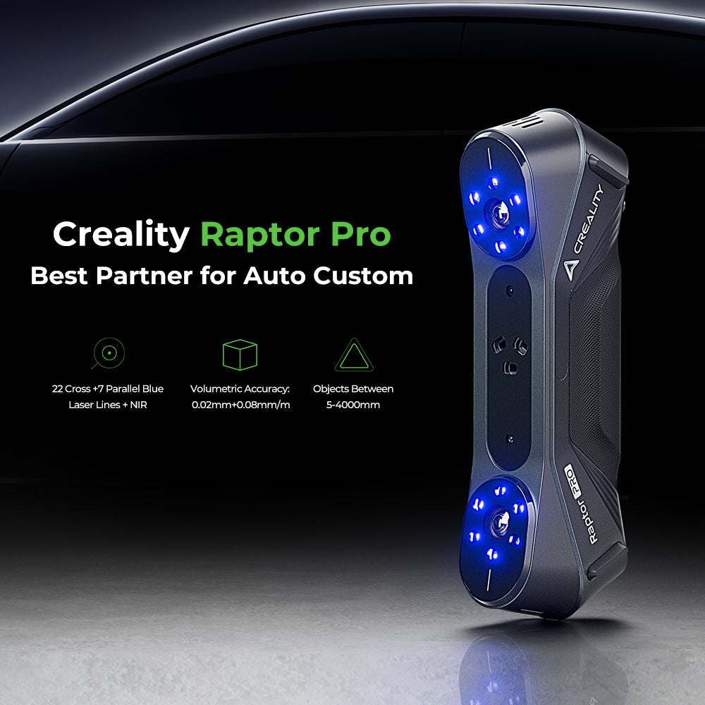 Creality Raptor Pro in-hand scanning showing ergonomic grip and wired scanning workflow for precision reverse engineering