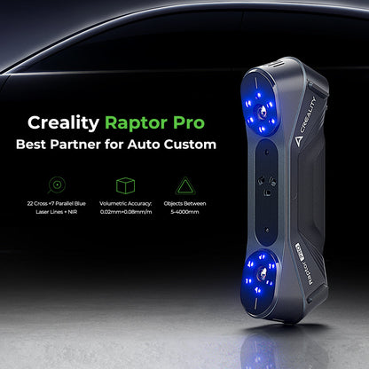 Creality Raptor Pro in-hand scanning showing ergonomic grip and wired scanning workflow for precision reverse engineering