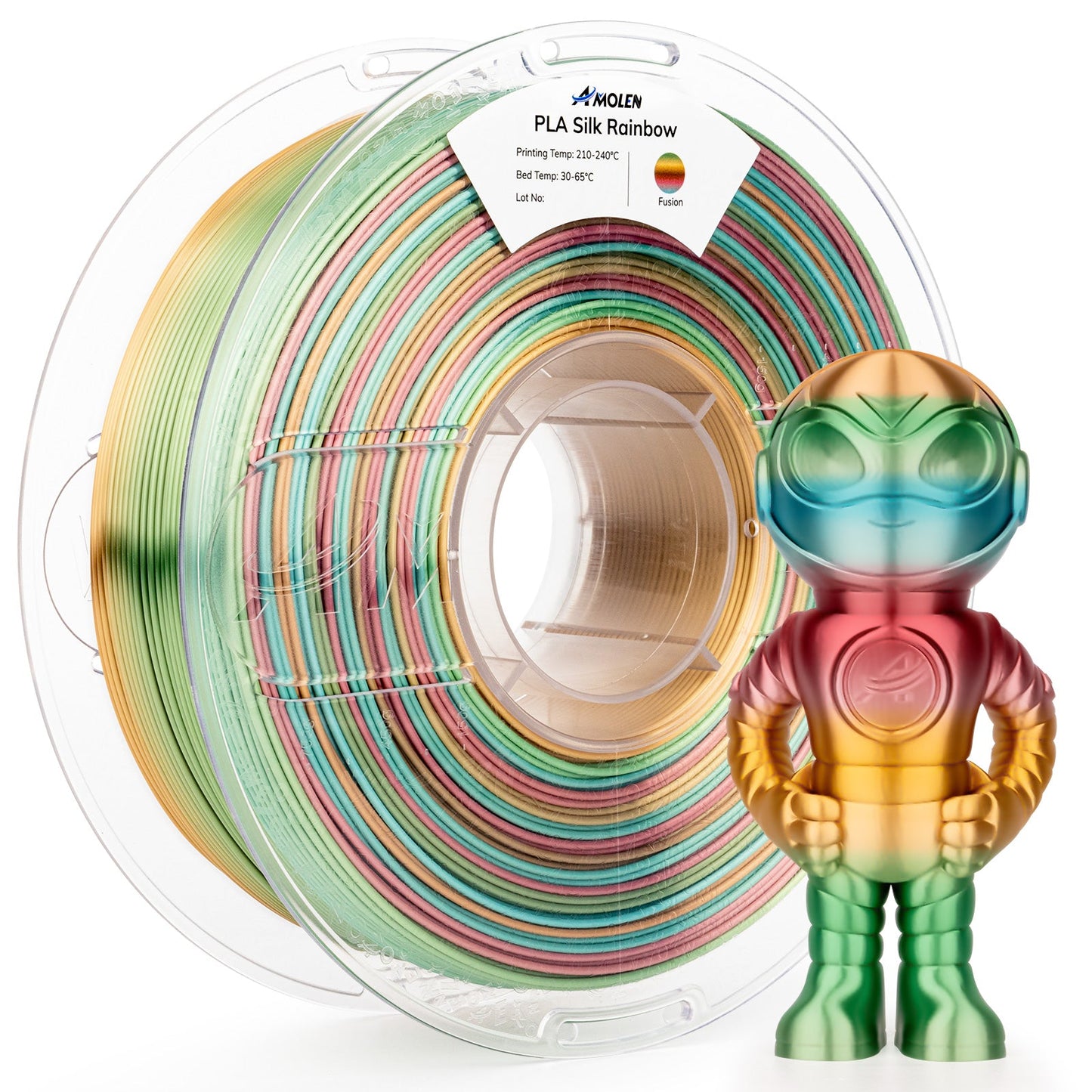Silk Rainbow Fusion PLA filament spool — AMOLEN alternate angle showing color blend across winding