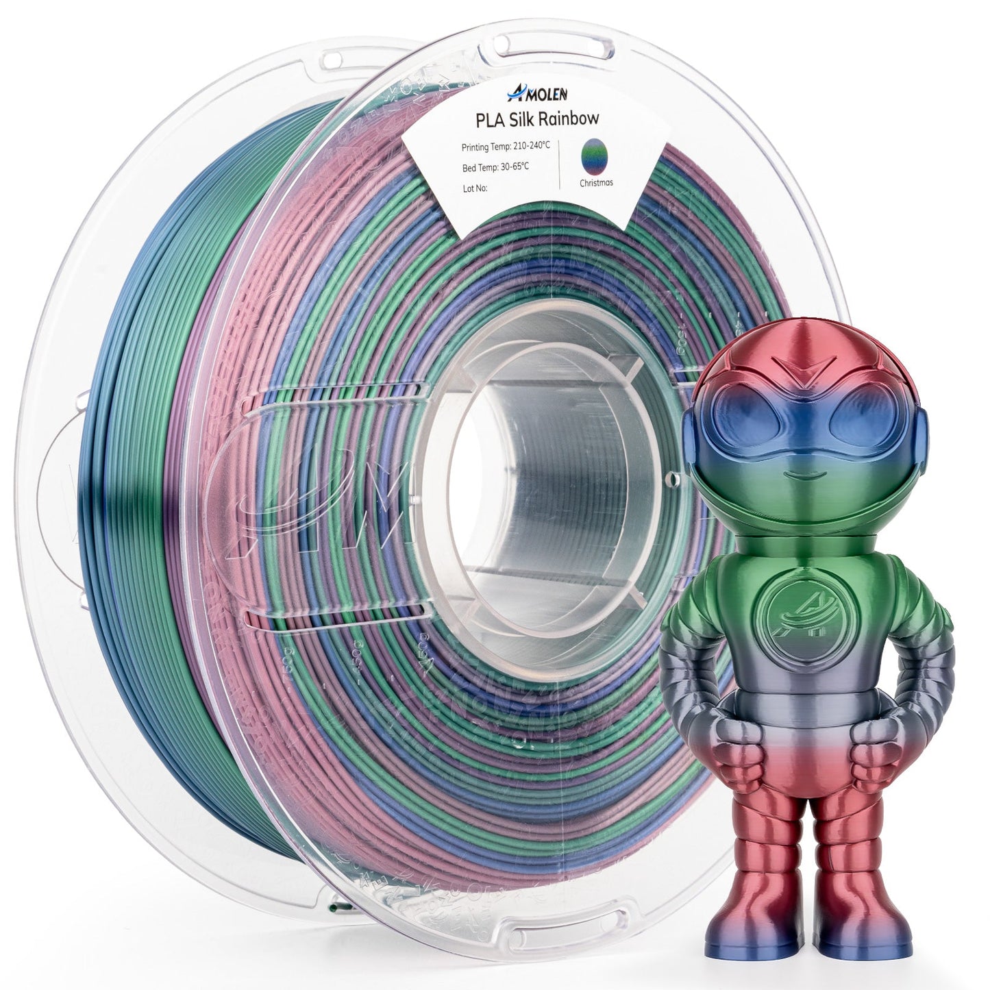 Silk Rainbow PLA filament spool front view — AMOLEN silk gradient with visible color banding