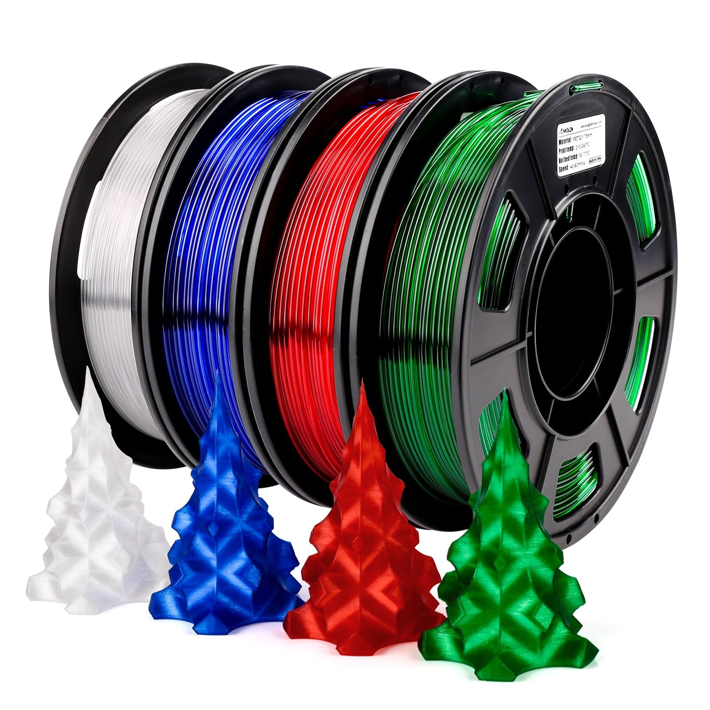 PETG Transparent White / Red / Sky Blue / Green — 250g spool set