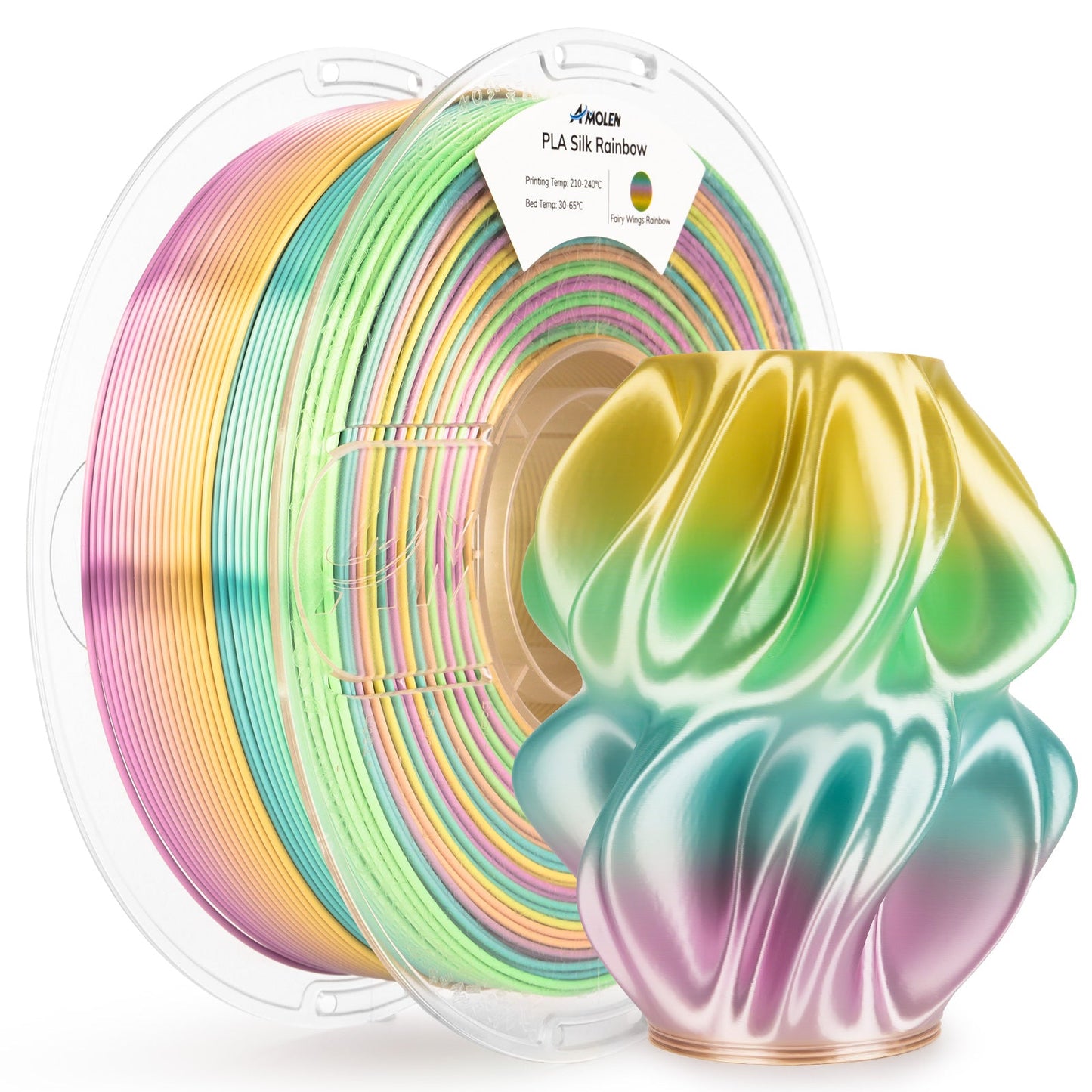 Silk Rainbow PLA filament spool angle view — AMOLEN silk finish showing clean gradient wind