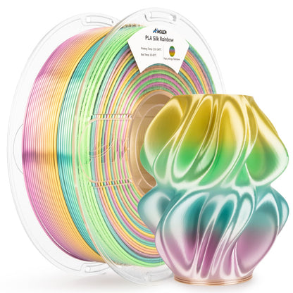 Silk Rainbow PLA filament spool angle view — AMOLEN silk finish showing clean gradient wind