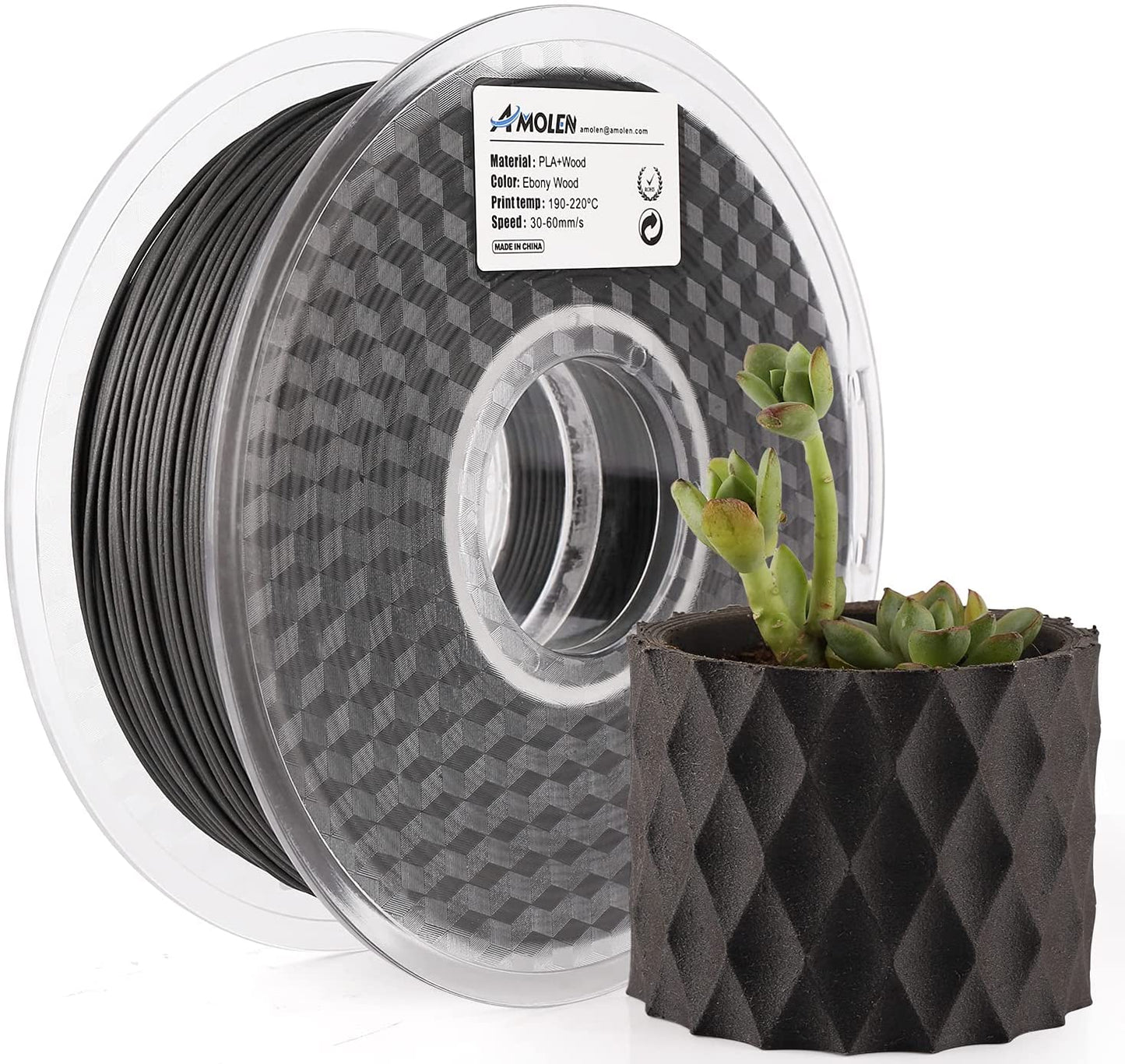 AMOLEN Wood Fill PLA filament 1.75mm spool showing grain texture visible on finished printed surface