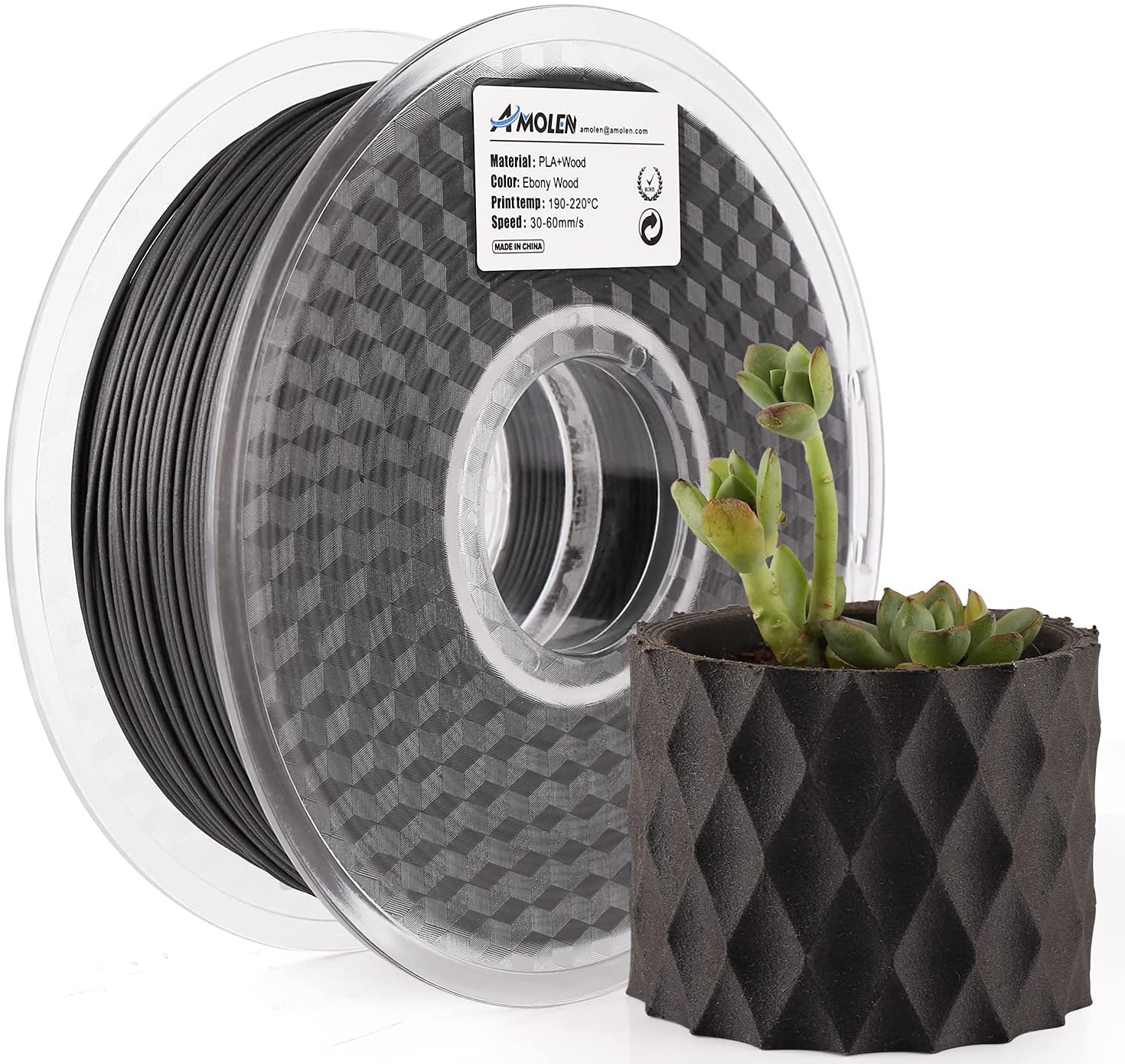 AMOLEN Wood Fill PLA filament 1.75mm spool showing grain texture visible on finished printed surface