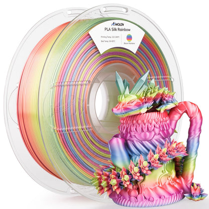 Silk Rainbow PLA filament spool top view — AMOLEN silk gloss and gradient winding detail