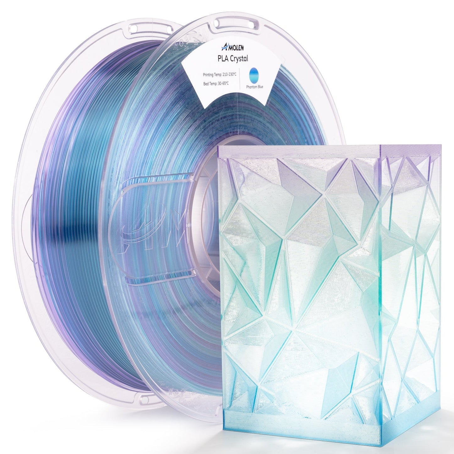 Amolen PLA Crystal Transparent – Phantom Blue colorway with gradient clarity