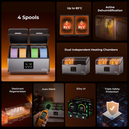 Creality SpacePi X4 front view showing 4-spool capacity active dehumidification and EDry touchscreen interface