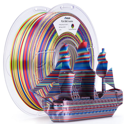 AMOLEN S-Series spiral multicolor silk PLA 1KG spool, primary product view showing filament color transitions