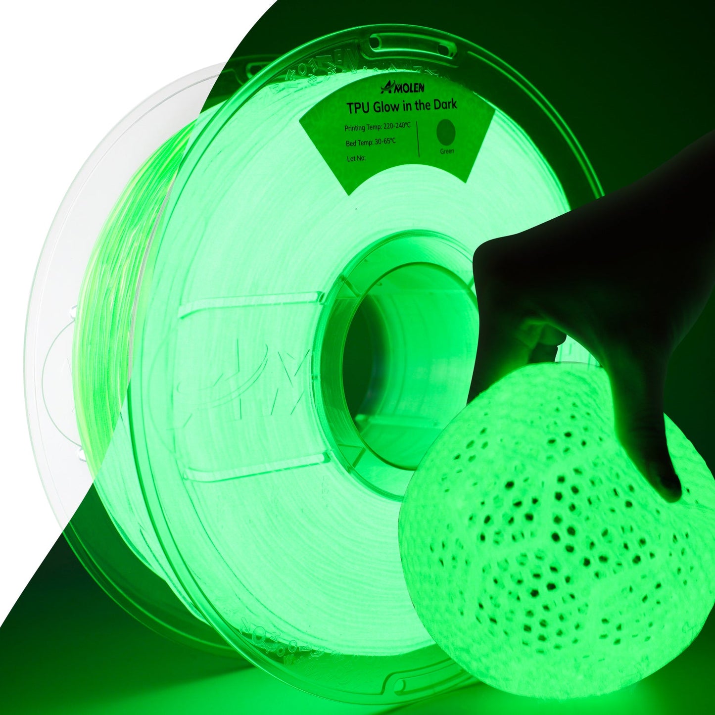 AMOLEN Glow TPU flexible filament 1.75mm 1KG spool alternate angle view