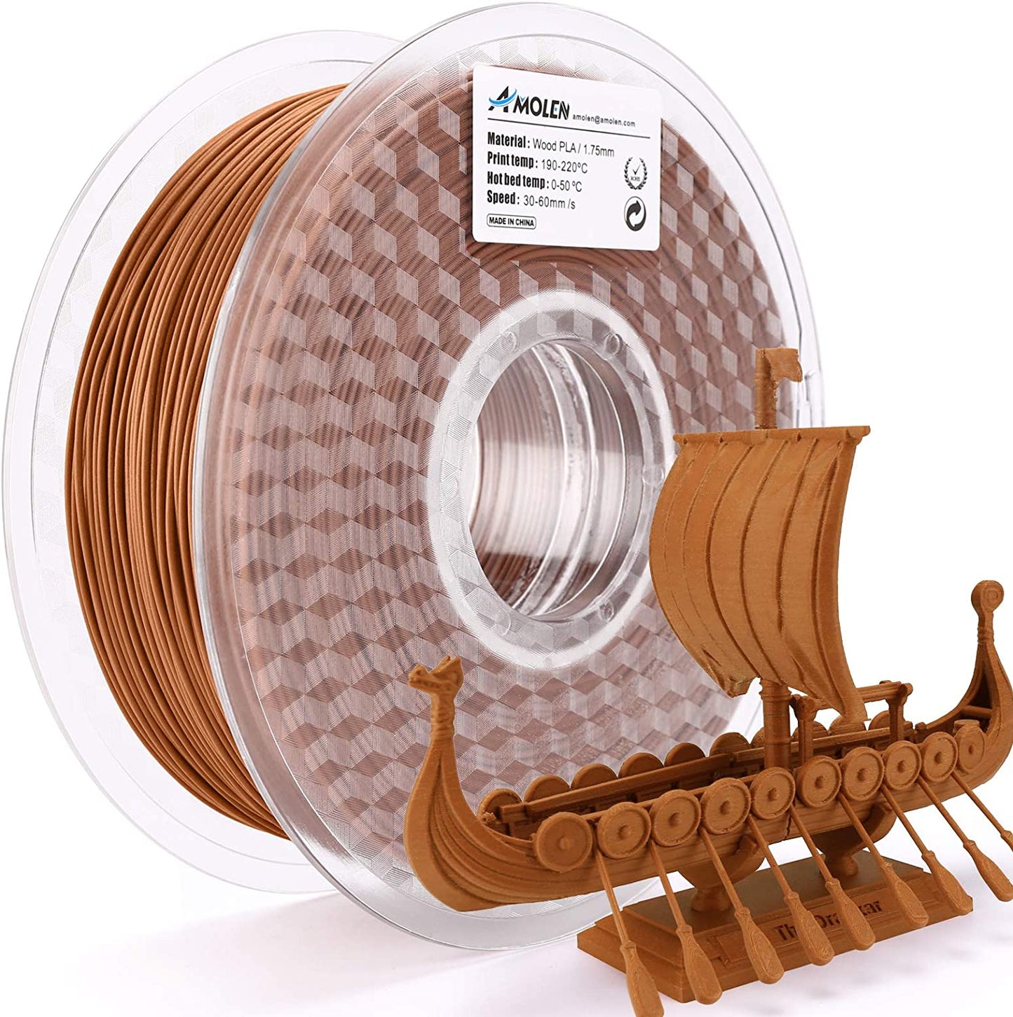 AMOLEN Wood Fill PLA 1.75mm filament spool close-up showing wood fiber content and natural texture