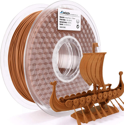 AMOLEN Wood Fill PLA 1.75mm filament spool close-up showing wood fiber content and natural texture