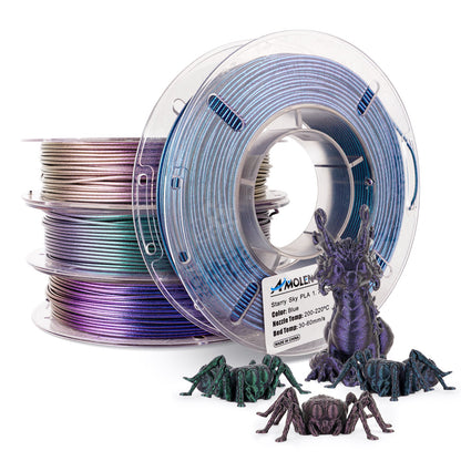 AMOLEN Galaxy & Sparkle PLA Variety Pack — four-spool set in dark purple, green, blue, and fuchsia
