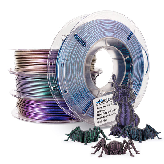 AMOLEN Galaxy & Sparkle PLA Variety Pack — four-spool set in dark purple, green, blue, and fuchsia