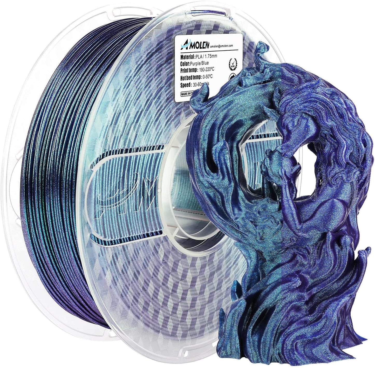 AMOLEN Galaxy PLA filament spool showing color-shift and glitter texture