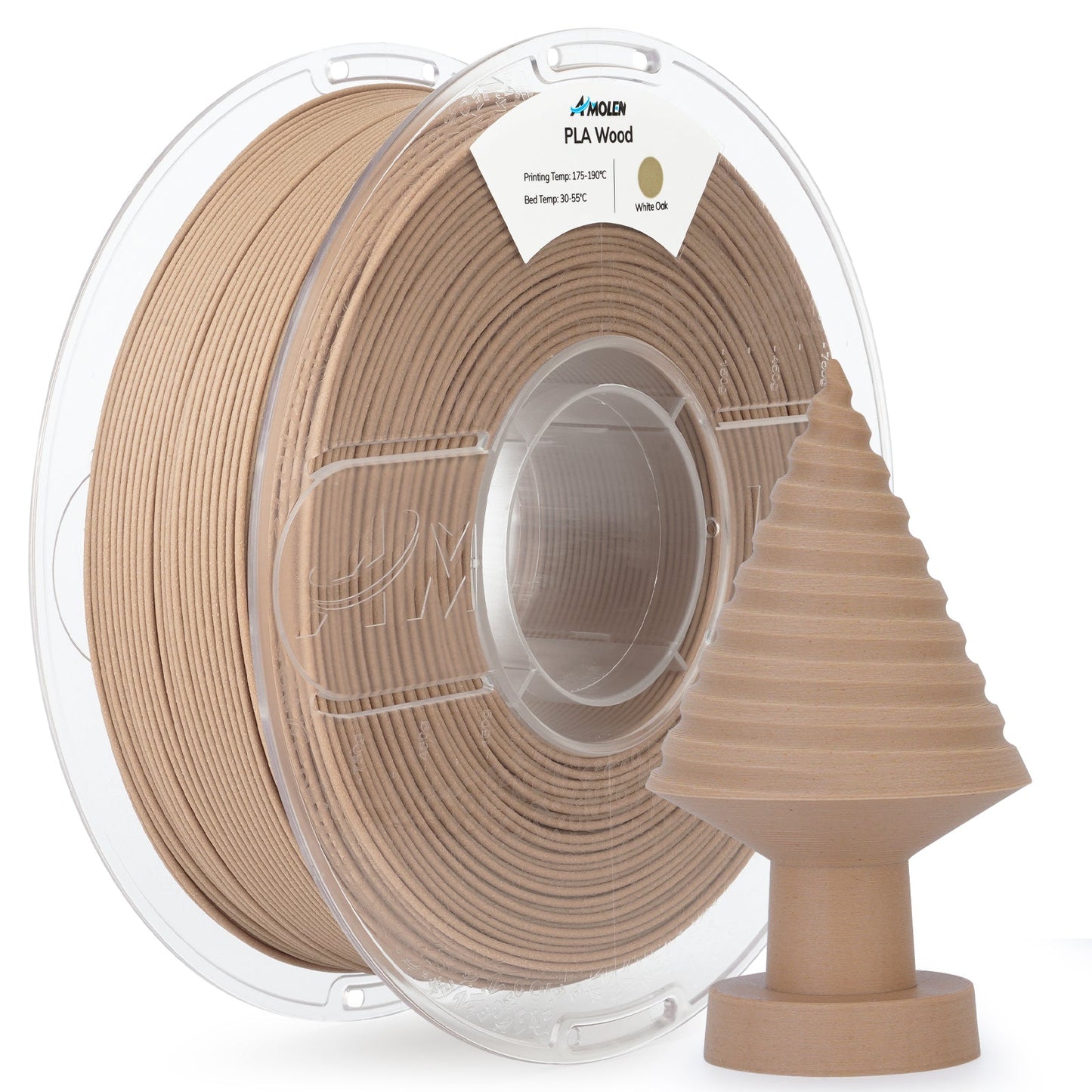 AMOLEN Wood Fill PLA 1.75mm filament spool photograph showing wood-textured surface and grain pattern