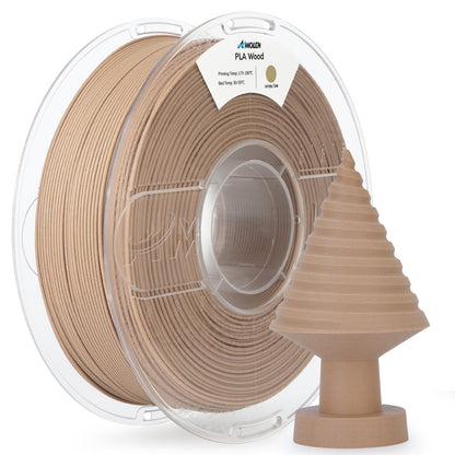 AMOLEN Wood Fill PLA 1.75mm filament spool photograph showing wood-textured surface and grain pattern