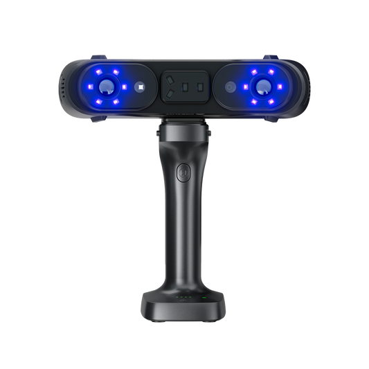 Creality Sermoon X1 scanner multi-light system detail showing blue laser array and NIR structured light for complex surface capture