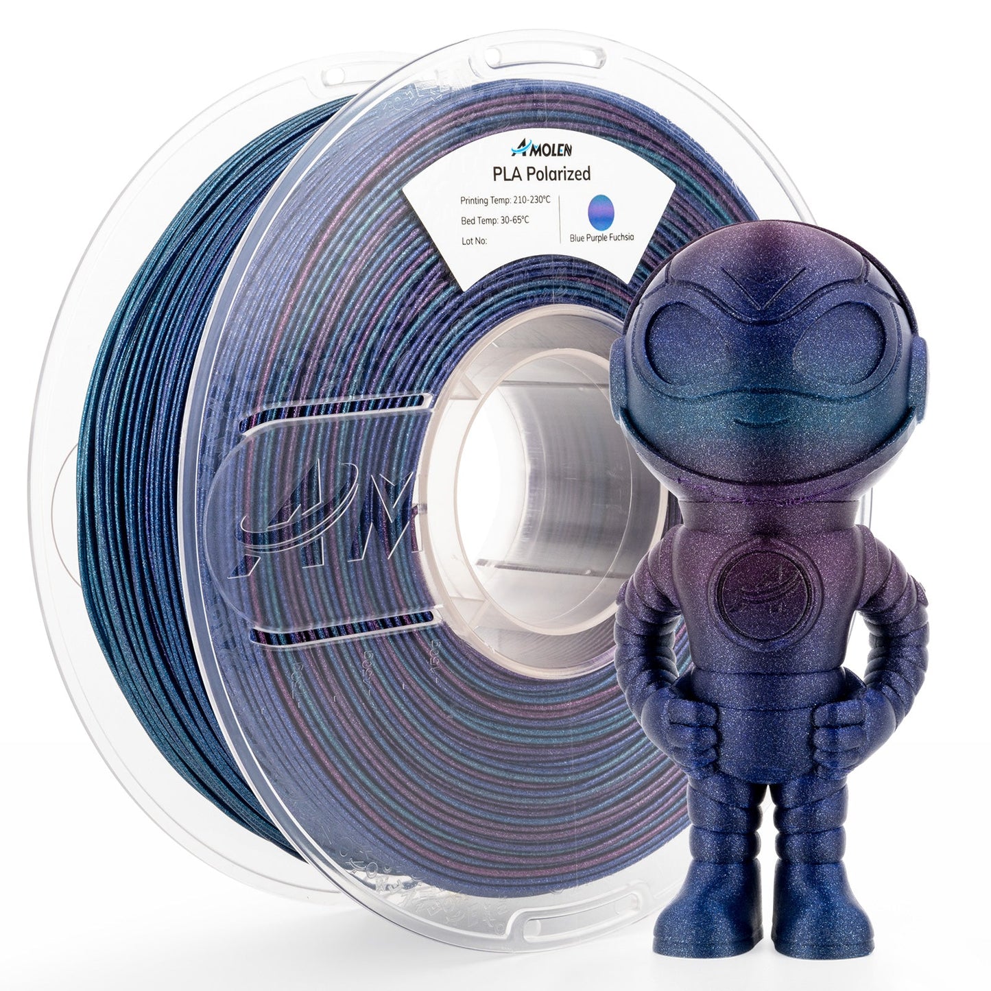 AMOLEN Galaxy PLA filament multi-angle view showing color-shift sparkle effect
