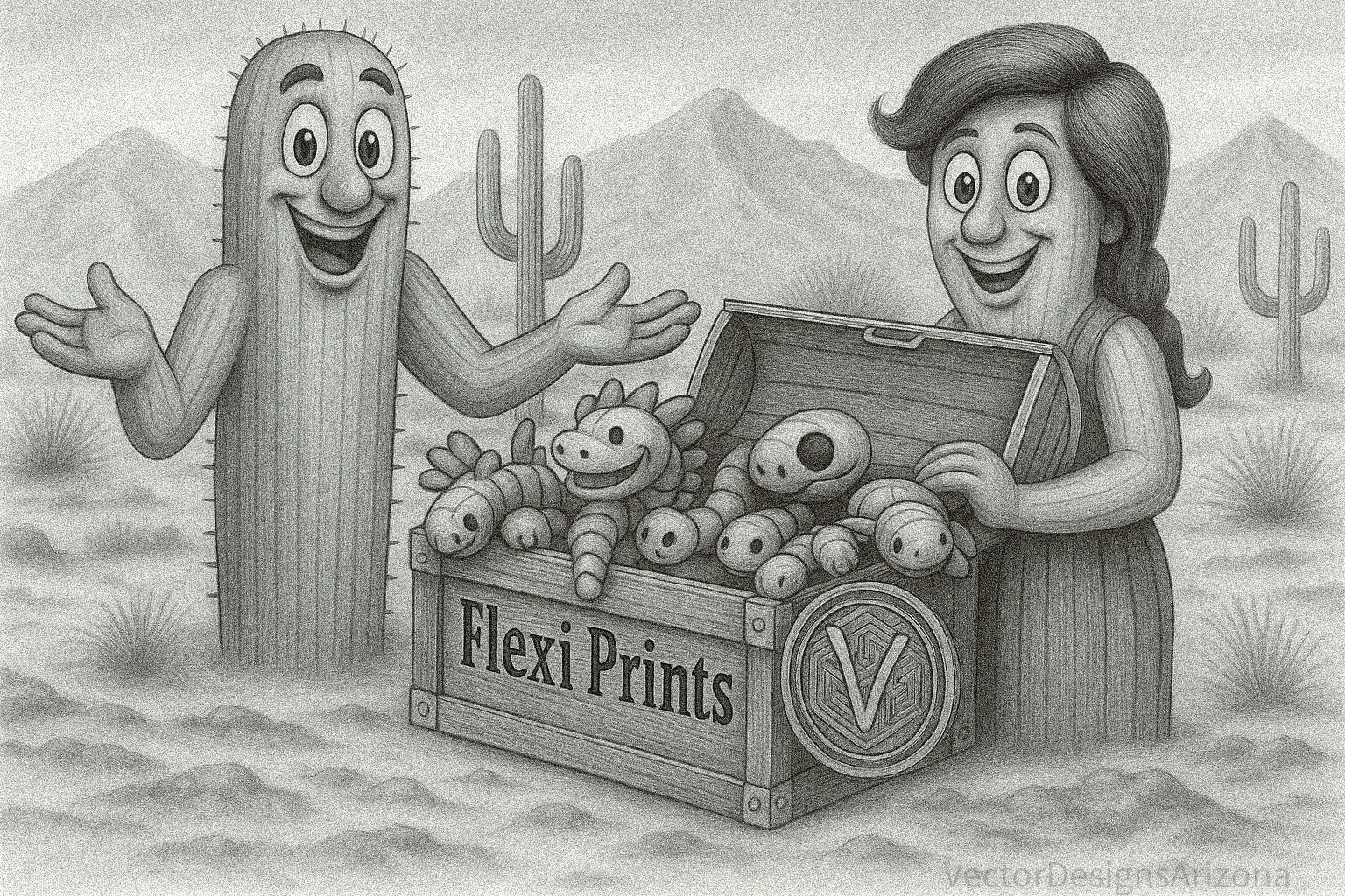 Graphite sketch of cactus couple in Sonoran Desert with wooden chest engraved “Flexi Prints” overflowing with flexi dragons, snakes, turtles, and frogs – VectorDesignsArizona hero banner.