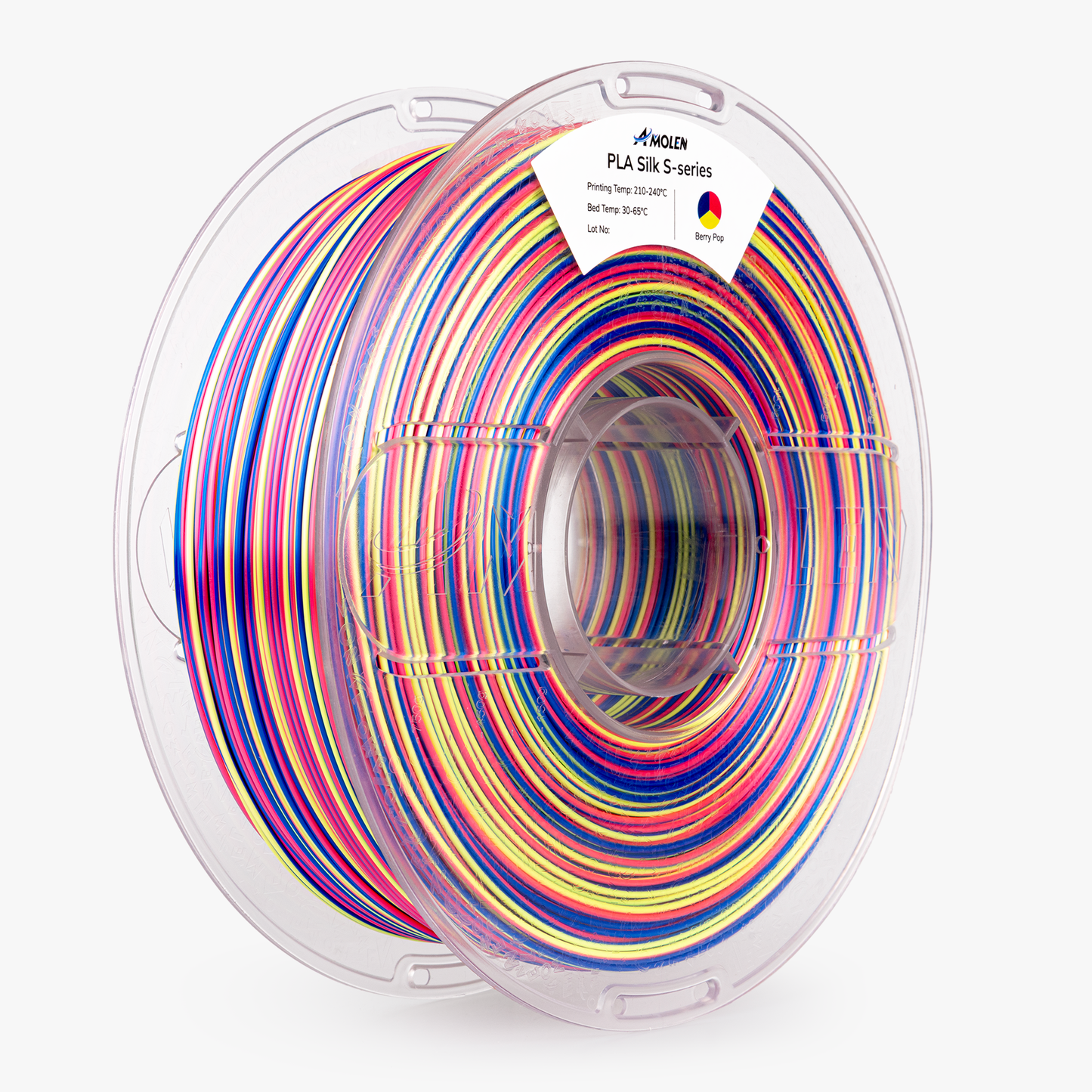 AMOLEN S-Series Silk PLA surface detail close-up showing spiral color transition bands across filament layers
