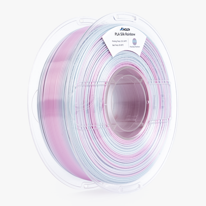Silk Rainbow PLA filament surface detail — silk gloss layer transition showing gradient color shift