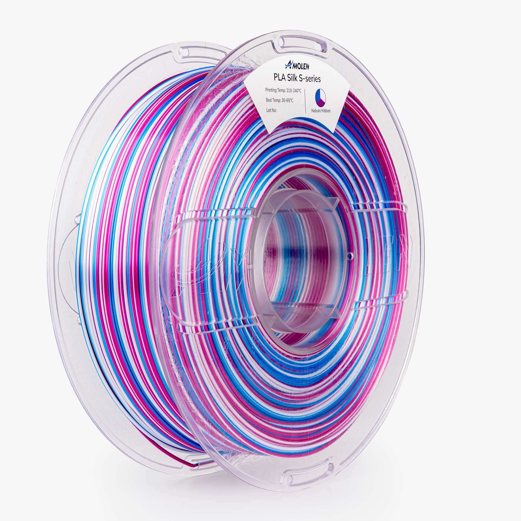 AMOLEN S-Series Silk PLA surface texture close-up showing spiral multicolor layer separation and silk sheen