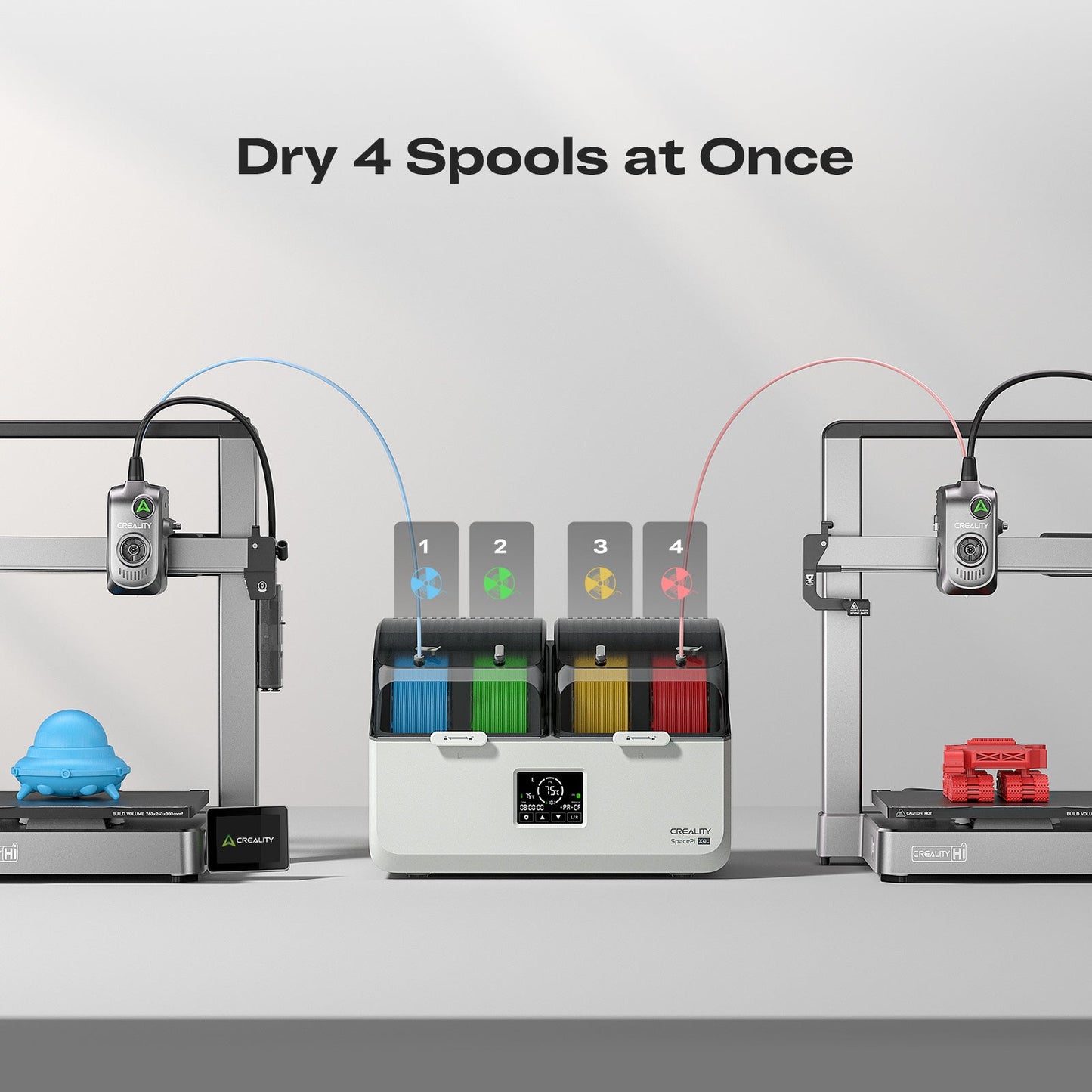 Creality SpacePi X4L front view showing spool slots PTFE tube outlets and control panel for filament drying system