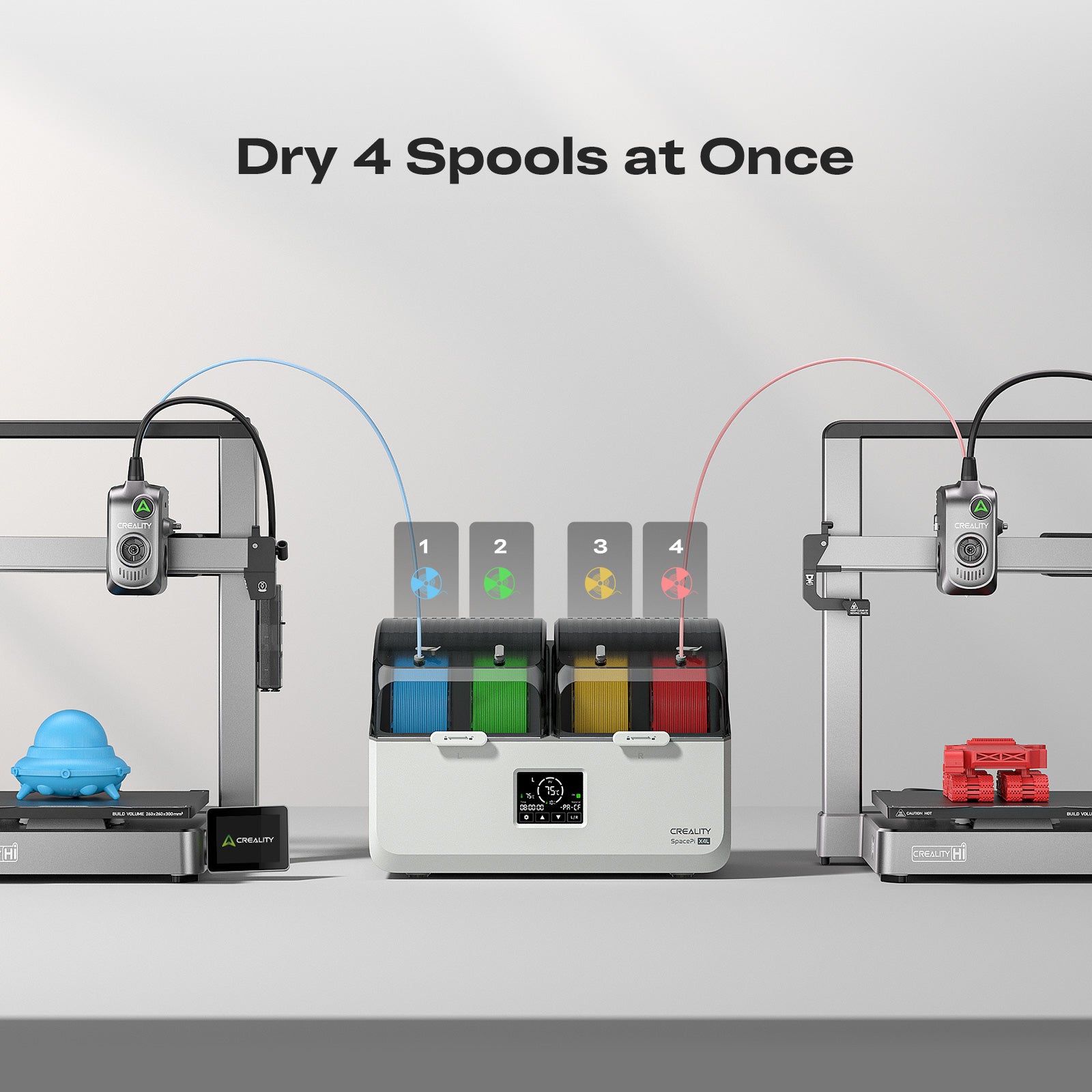 Creality SpacePi X4L front view showing spool slots PTFE tube outlets and control panel for filament drying system