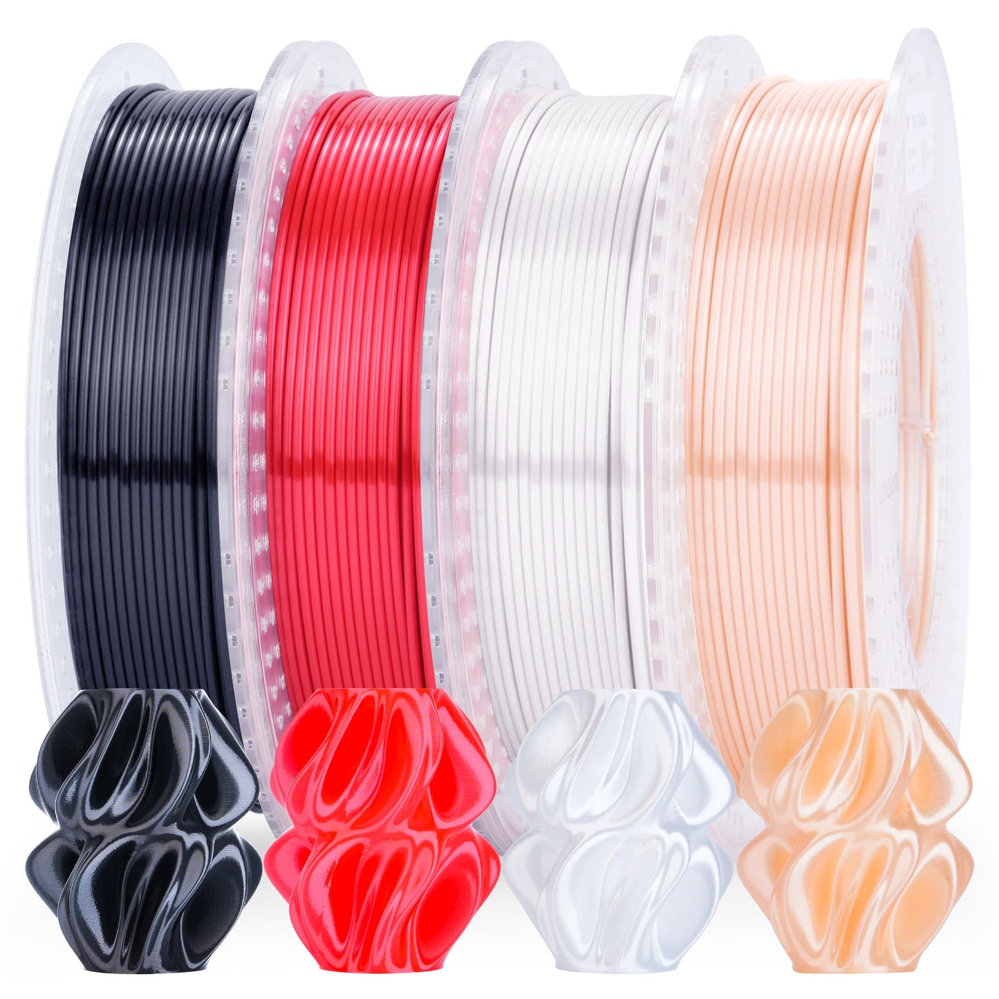 Silk PLA filament surface detail — metallic sheen close-up, variety pack spool